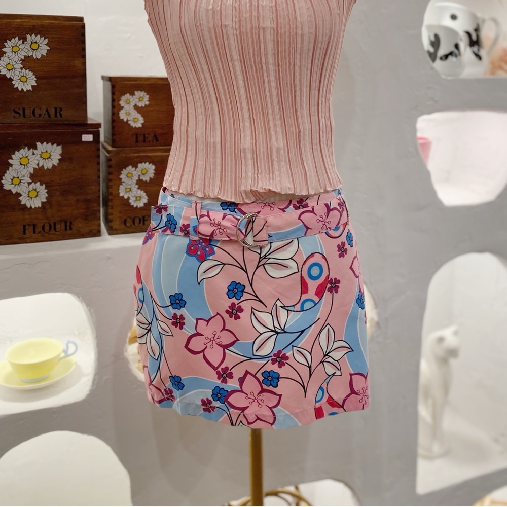Vintage Y2K Pink and Blue Floral Belted Mini Skirt
